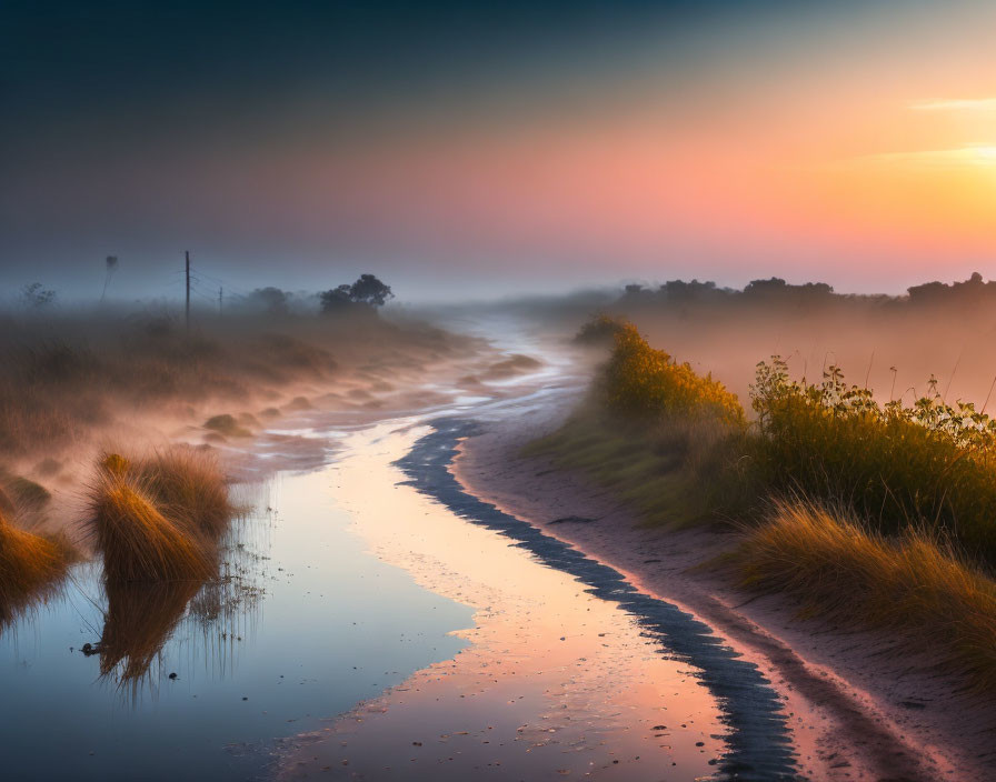 Tranquil sunrise over misty landscape with winding path and warm sky hues