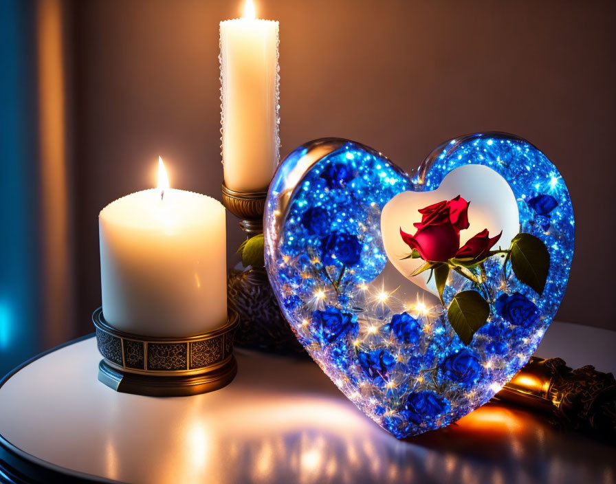 Romantic candlelit scene with heart-shaped object, blue lights, and red rose.