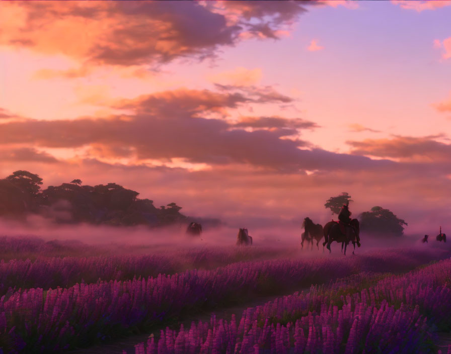 Horseback Riders in Misty Lavender Field at Dawn