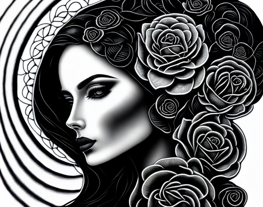 Detailed monochrome woman with flower hair illustration.