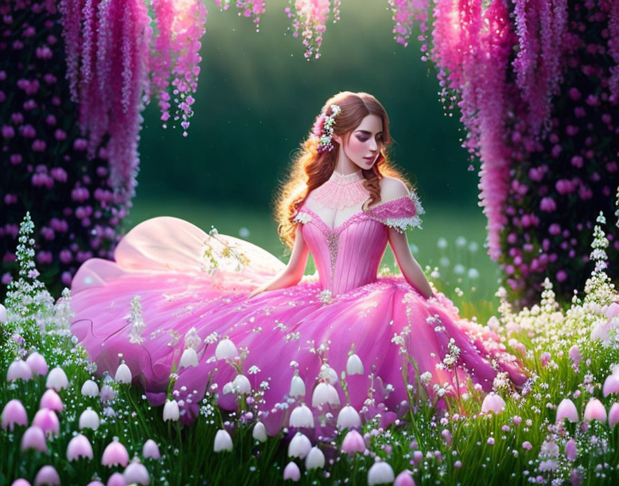 Woman in Pink Dress Surrounded by Magical Garden with Wisterias and White Flowers