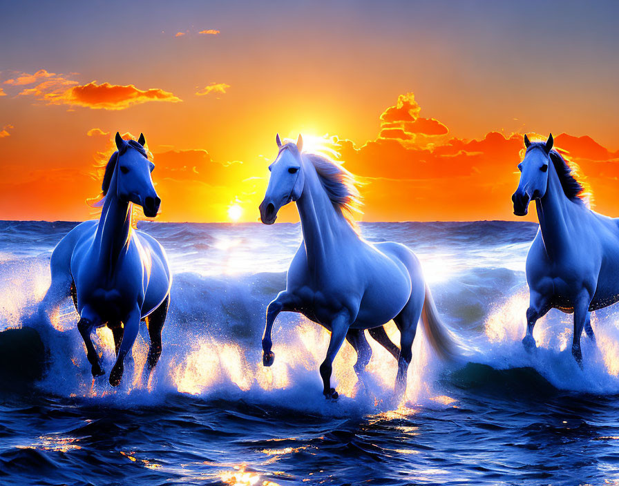 White horses galloping in ocean waves at sunset