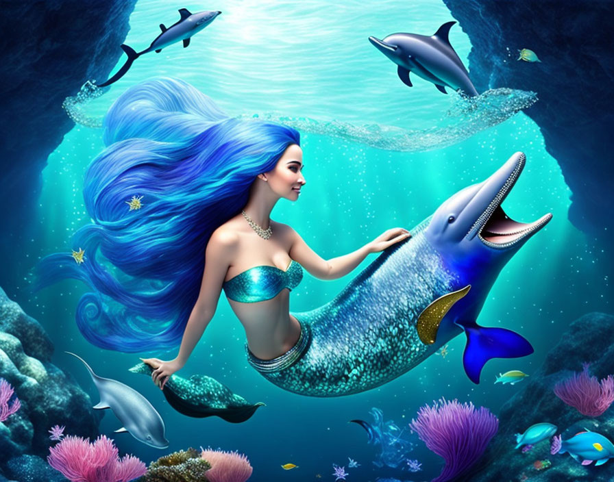 Colorful Mermaid and Dolphin Interaction in Vibrant Underwater Scene