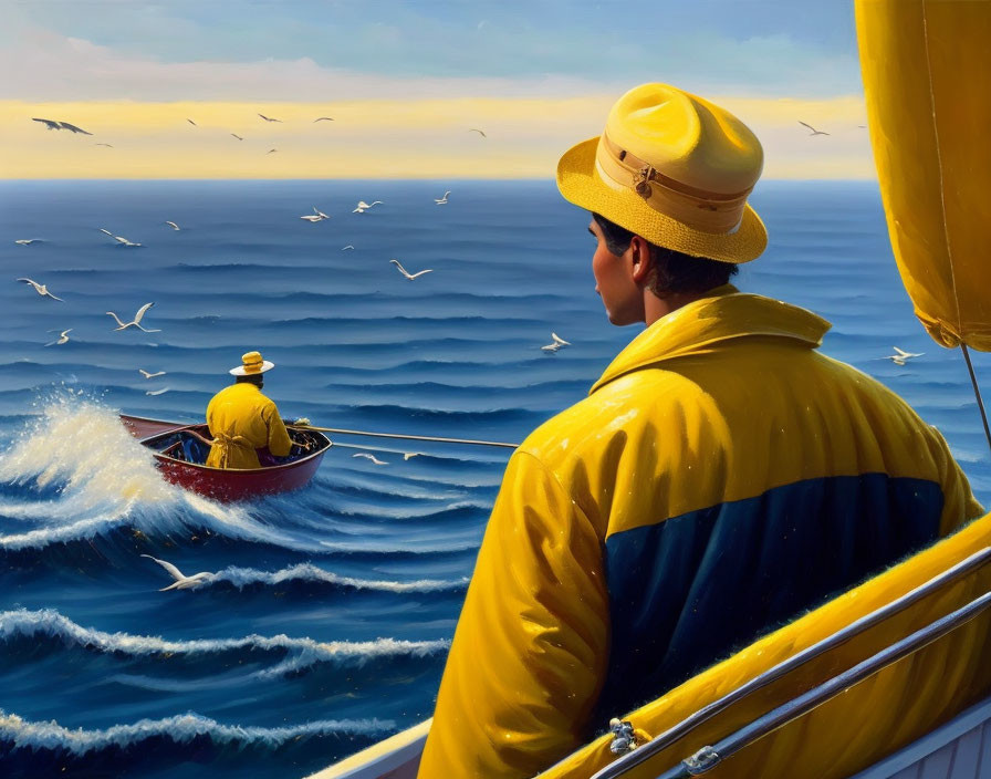 Person in yellow raincoat on boat watches rowboat at sea