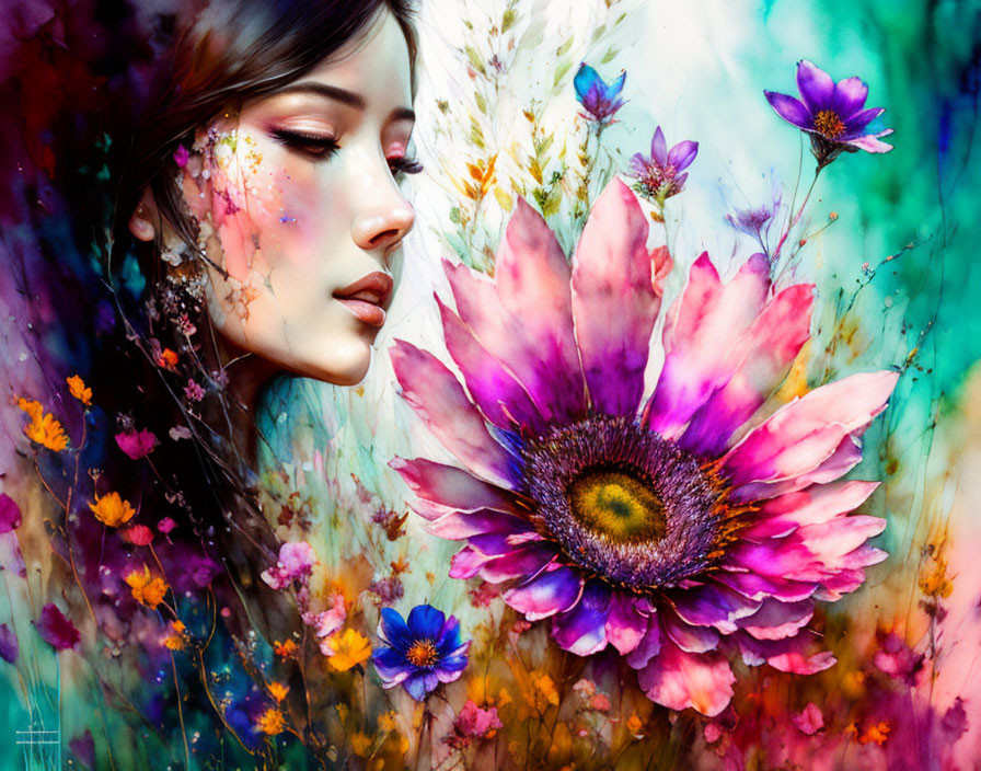 Colorful artwork: Woman's profile merges with vibrant flowers