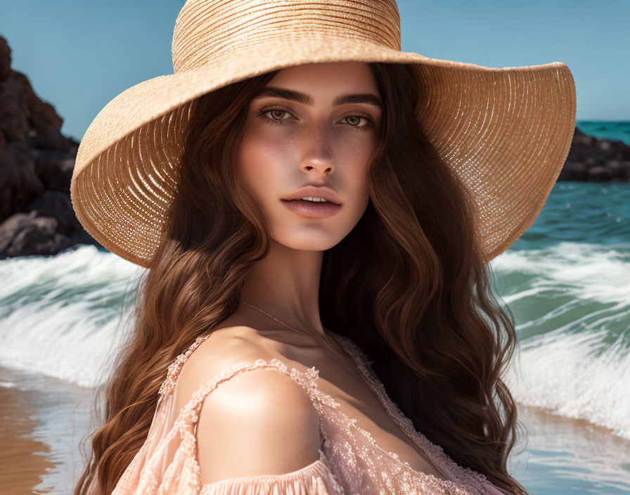 Woman with long wavy hair in wide-brimmed hat by the sea.