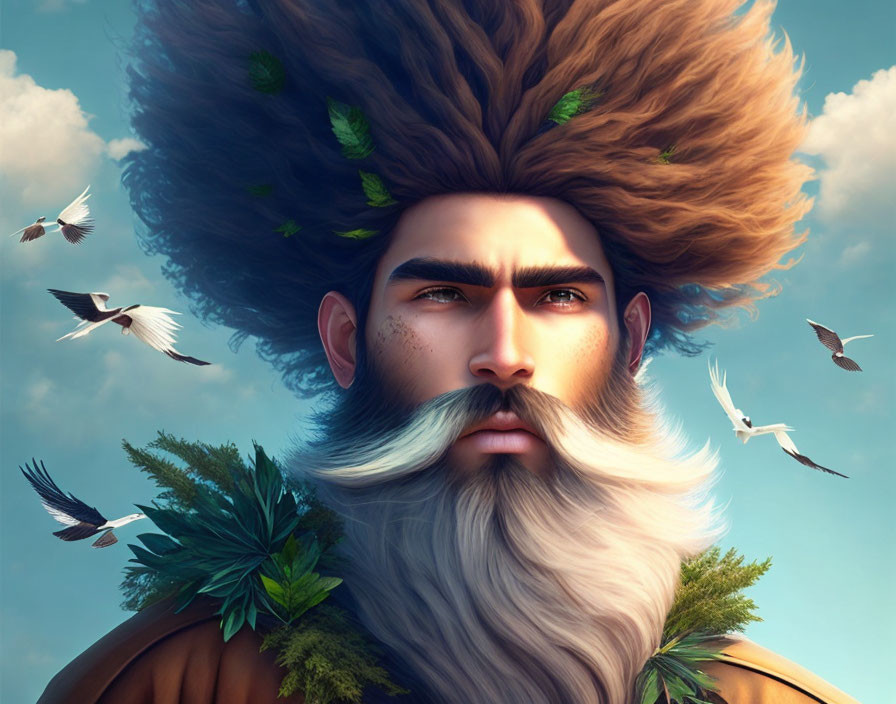 Illustrated figure with voluminous earth-toned beard and hair adorned with leaves, looking up with birds