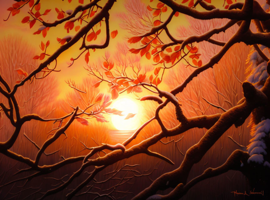 Snow-covered branches and warm-toned trees in serene sunset painting