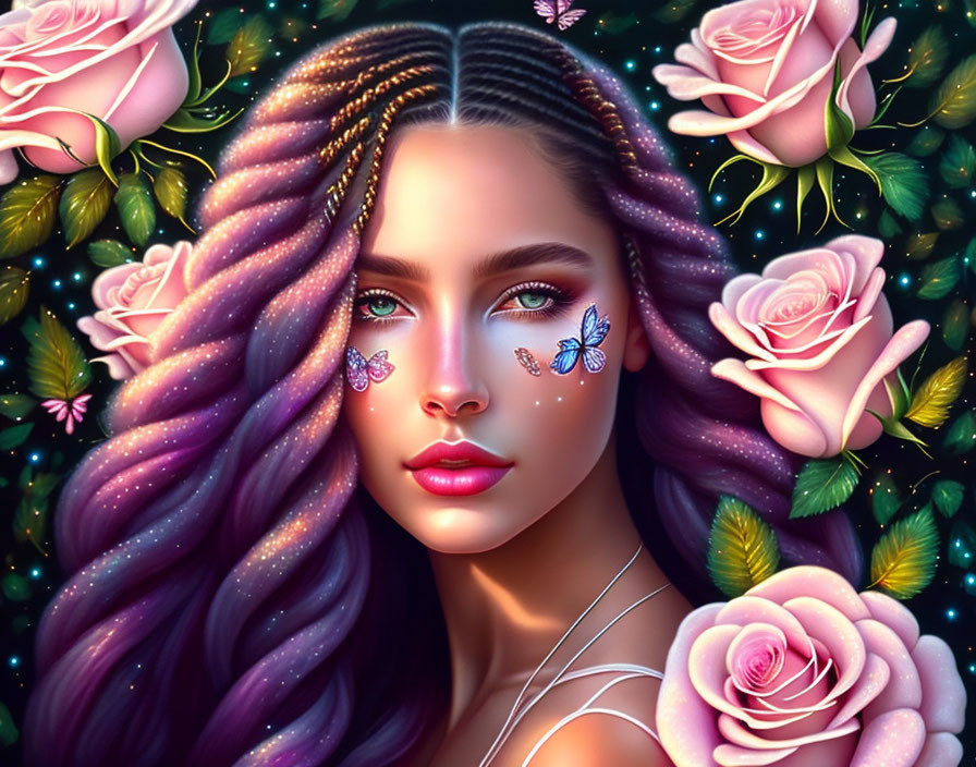 Digital portrait of woman with ombre purple hair, roses, butterflies, luminous eyes, and