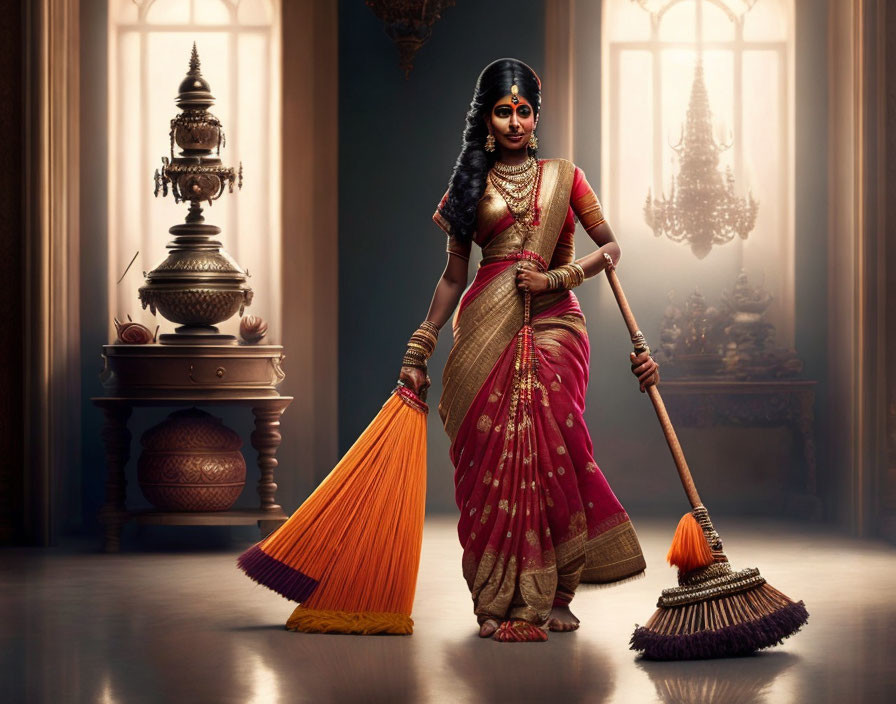 Traditional Indian Attire Woman Posing with Broom in Elegant Room