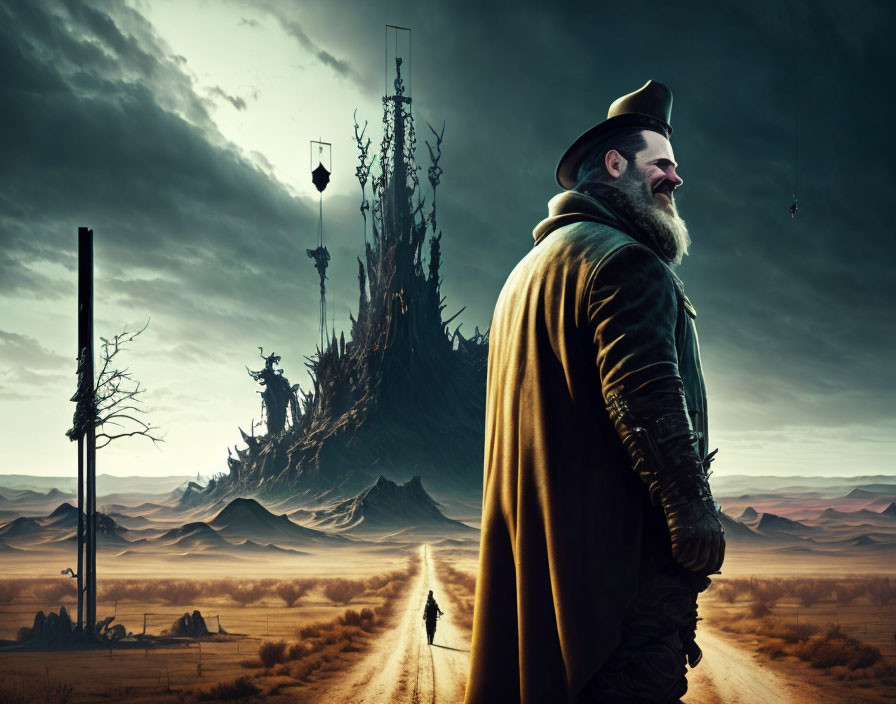 Bearded man in coat on desolate road near sinister castle under dramatic sky