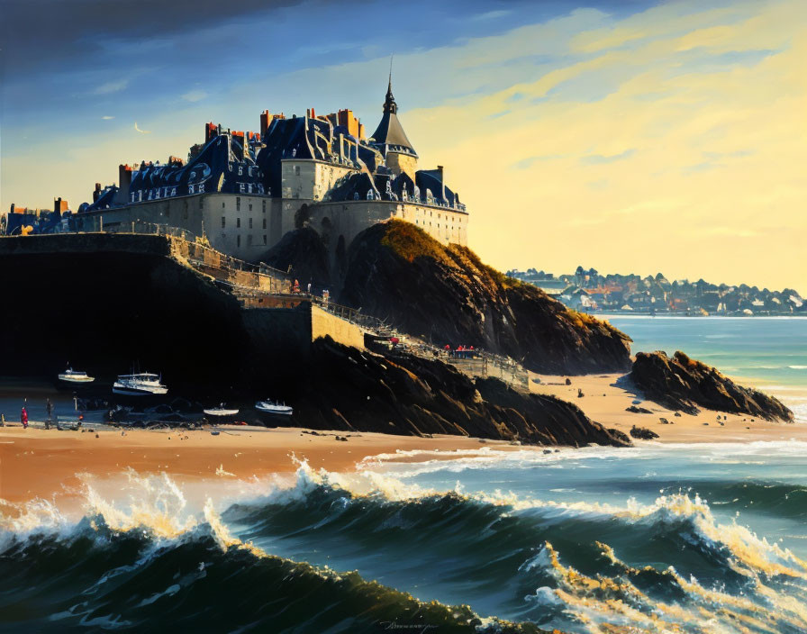 Historic architecture on Mont Saint-Michel island amidst beach and waves