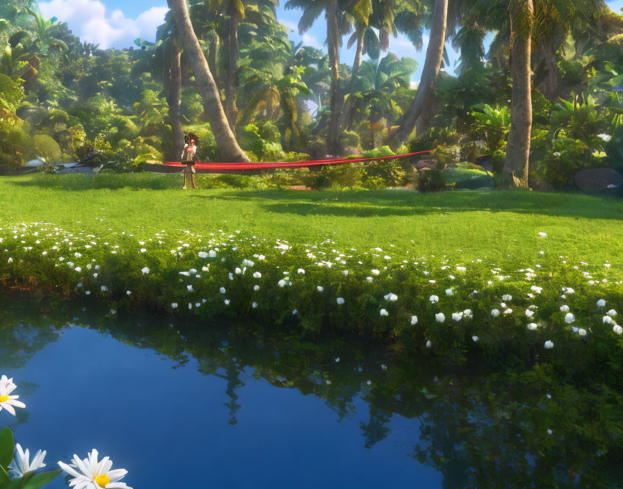 Person balancing on slackline in lush tropical garden with pond, palm trees, and white flowers.