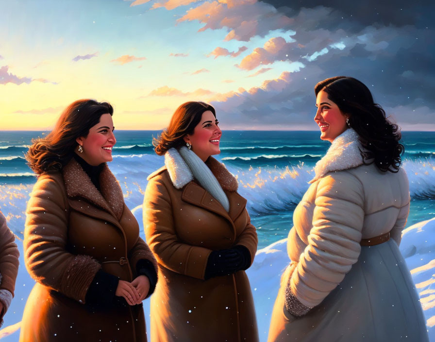 Three women in winter coats on beach at sunset.