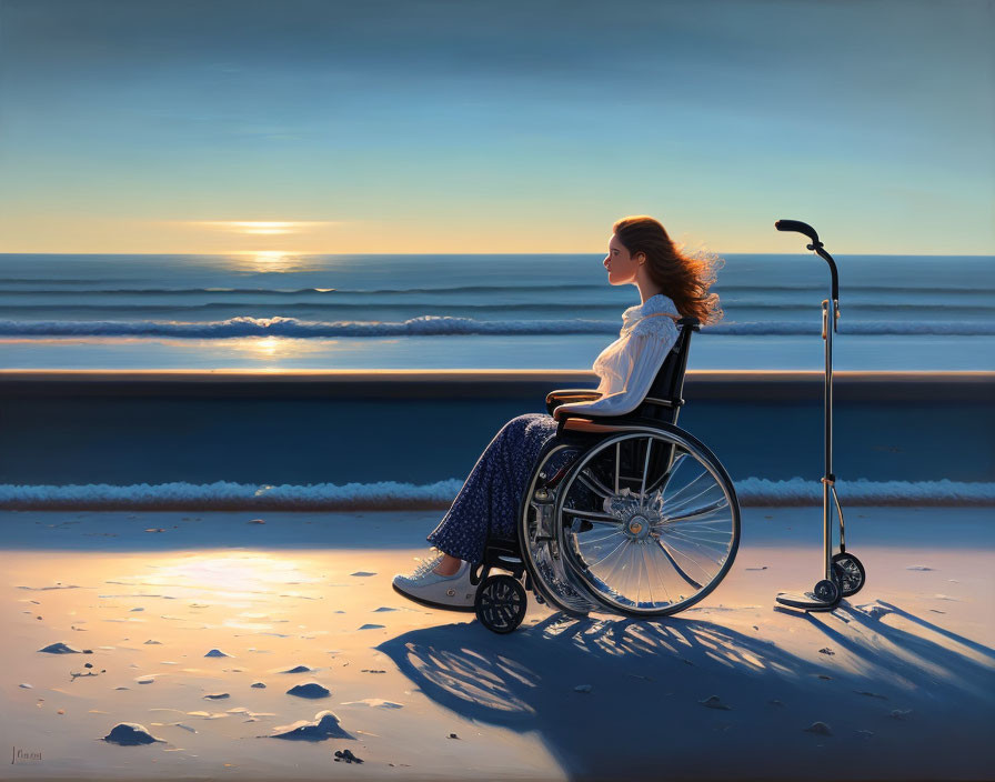 Woman in wheelchair on beach at sunset with walking cane, reflecting on serene scenery