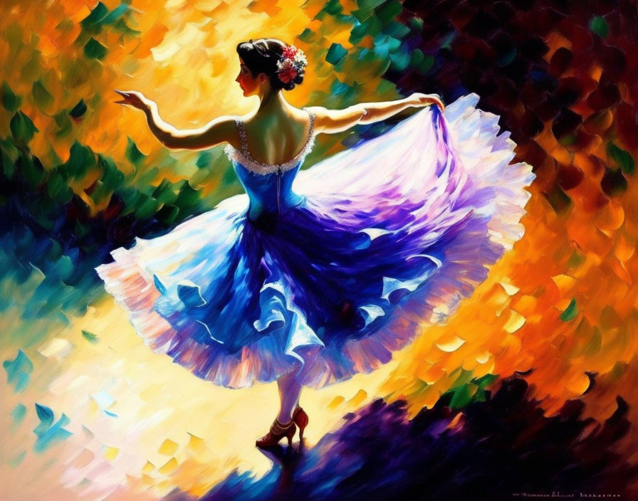 Colorful ballerina painting with flowing purple dress on abstract background