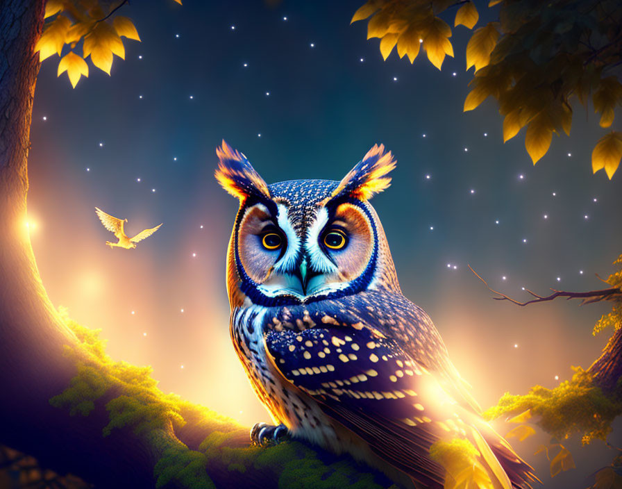 Majestic owl under starry sky with autumn leaves and warm light