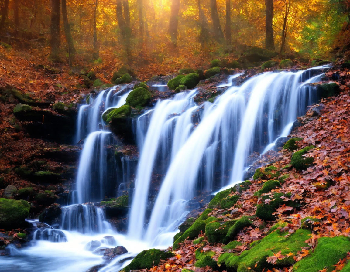 Tranquil autumn forest with waterfall and fall foliage