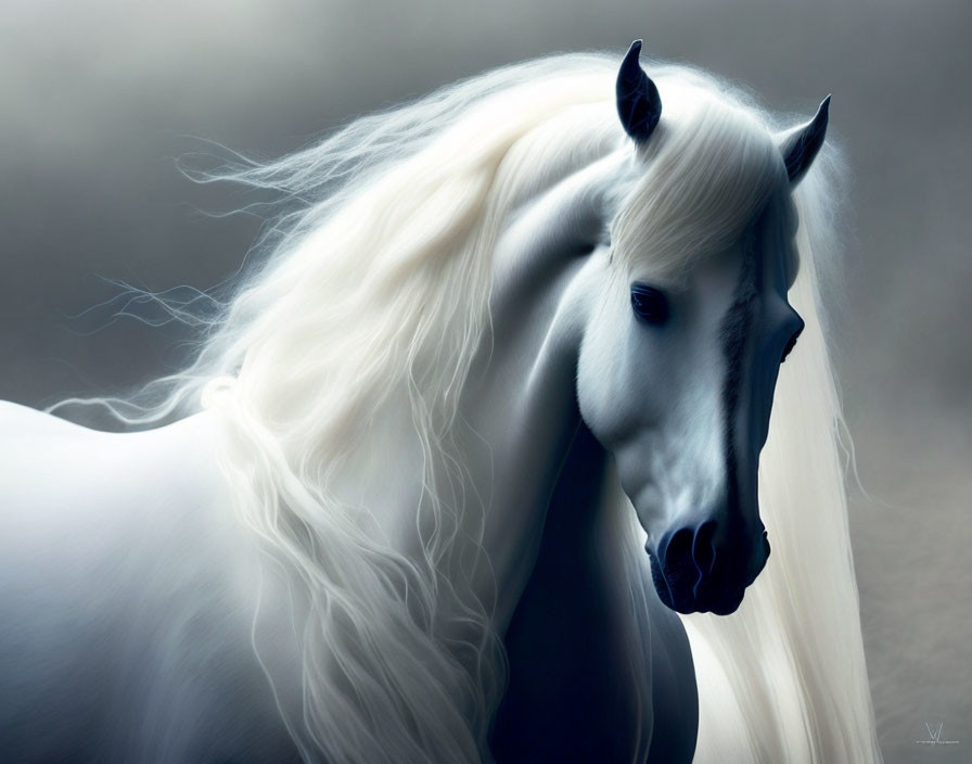 Majestic white horse digital artwork on misty gray background