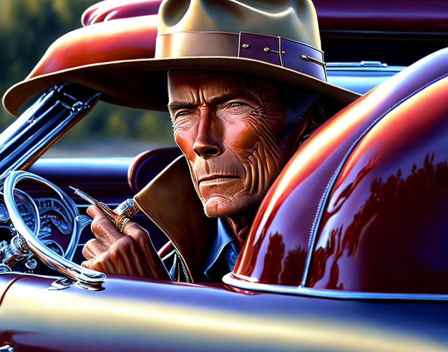 Weathered man in cowboy hat driving red convertible.