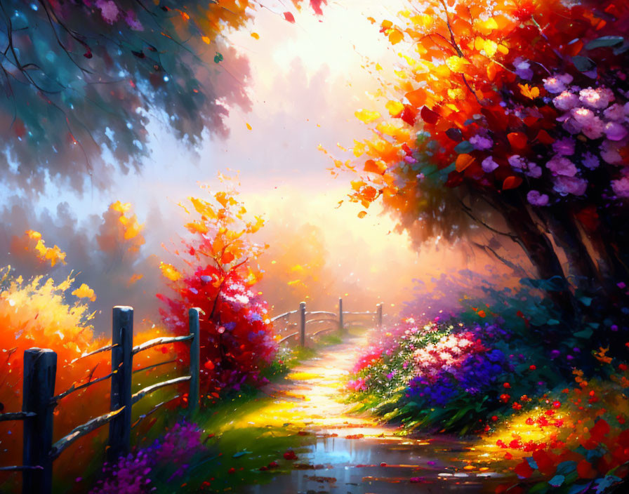 Colorful Autumn Pathway with Sunlit Fence and Trees