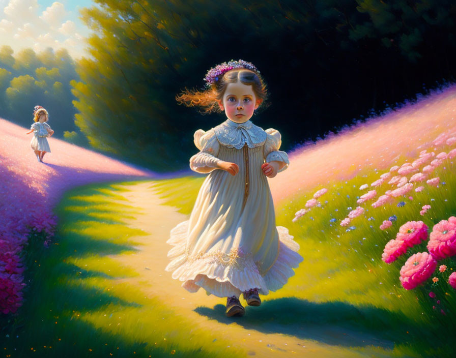 Vintage dresses painting: Two young girls on flower-lined path, one gazing forward under sunlight.