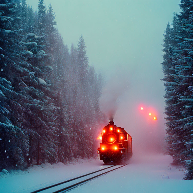 Vintage train with glowing lights in snowy pine forest at twilight