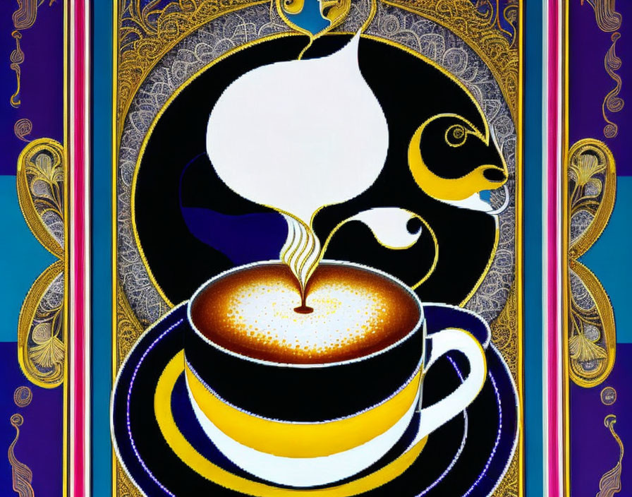 Steaming cup of coffee with creamy swirl and decorative motifs.