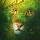 Colorful Painting of Lion in Green Foliage with Sunlight Filtering