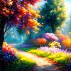 Vibrant path with blossoming trees and shrubs under soft light