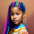 Vibrant digital artwork: Young girl with rainbow braids & striped top