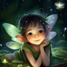 Illustration of pensive fairy child with radiant wings resting by lantern in lush foliage