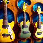 Golden ornate guitars on vibrant cosmic background