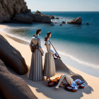 Figurines of woman and musician on beach with bubbles