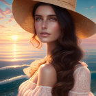 Woman with Wavy Hair in Sunhat Gazing at Sunset Sea