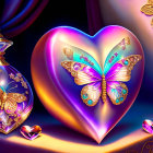 Colorful heart with butterflies and perfume bottles on dark background