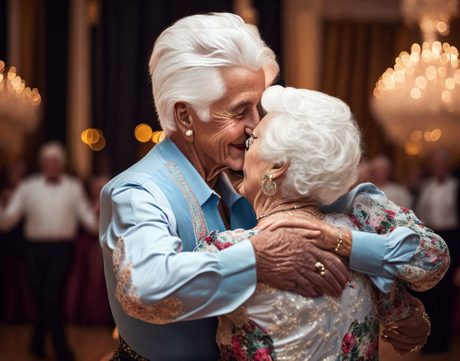 Elderly couple kissing tenderly during dance in opulent ballroom