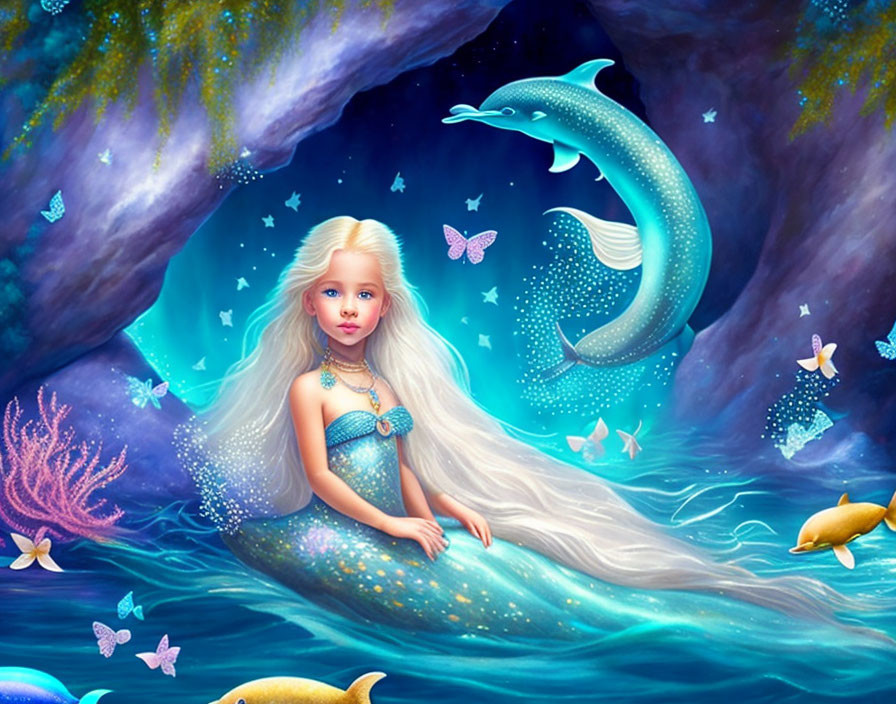 Mermaid, dolphins, coral, fish, butterflies in starry underwater scene