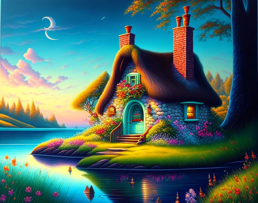 Colorful illustration of thatched-roof cottage by a serene lake