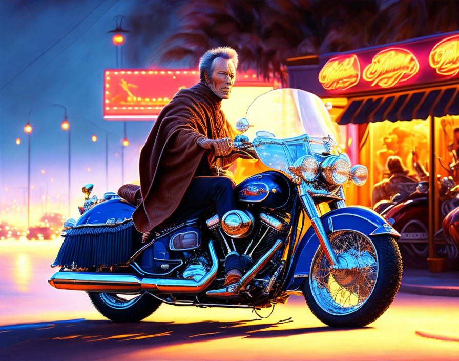 Man Riding Classic Motorcycle on Vibrant City Street at Night