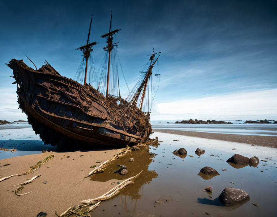 Wrecked sailing ship on sandy shore with multiple masts