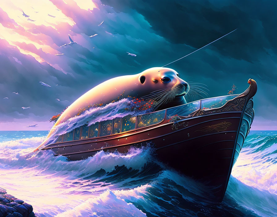 Giant seal on ornate boat sailing turbulent seas