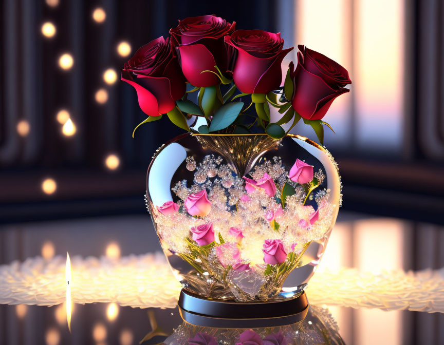 Red Roses Bouquet in Heart-shaped Vase with Baby's Breath on Warm Background