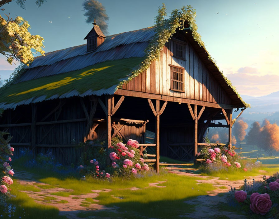 Sunlit rustic wooden barn in flower-filled countryside