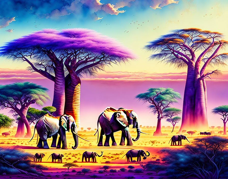 Colorful illustration: Elephants in African savanna with baobab trees