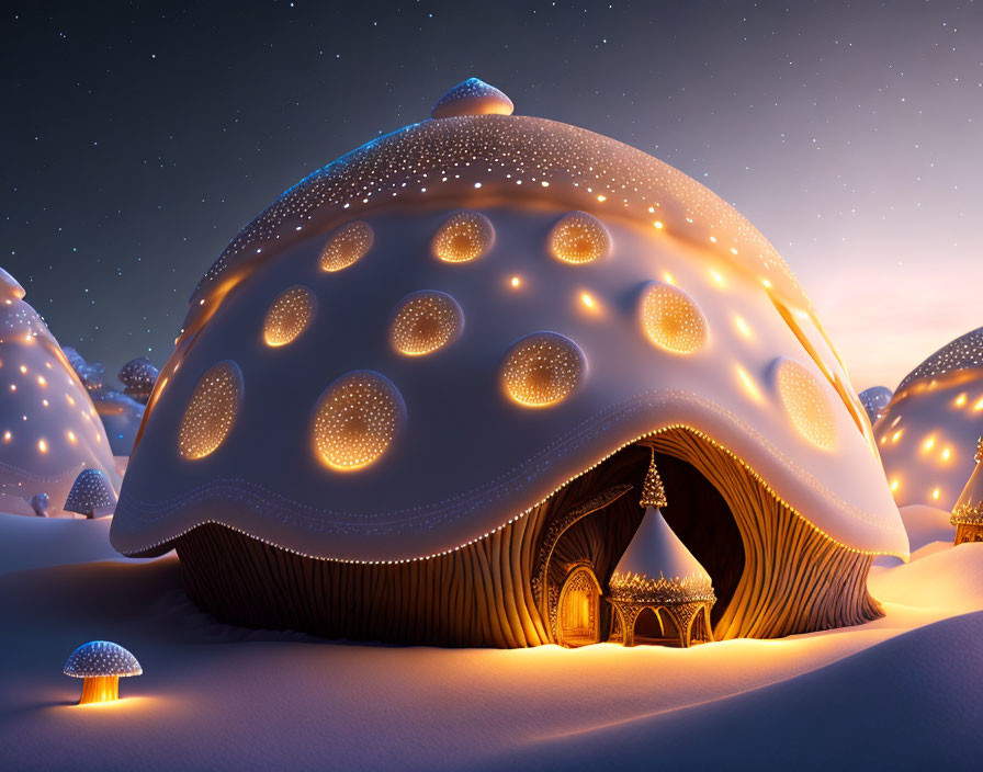 Enchanting mushroom-shaped house in snowy night scene