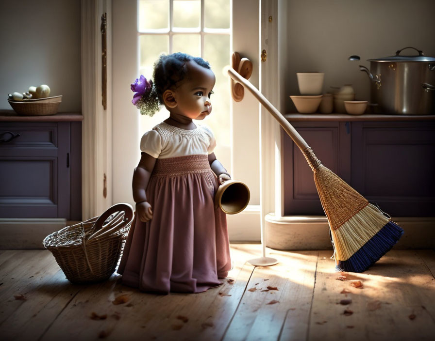 Toddler in purple dress with copper cup near floating broom in cozy room