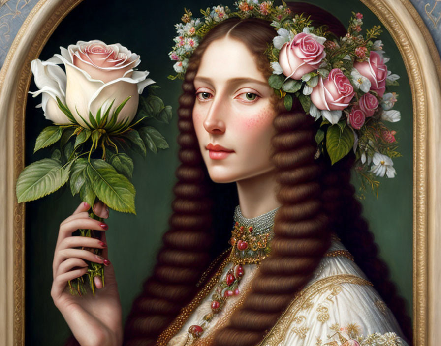 Woman with Long Brown Hair Holding White Rose in Vintage Oval Frame