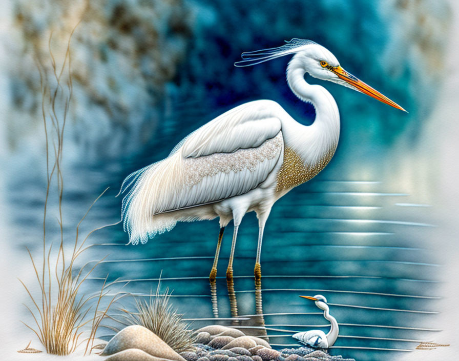 Majestic white heron and egret by water with rocks and reeds