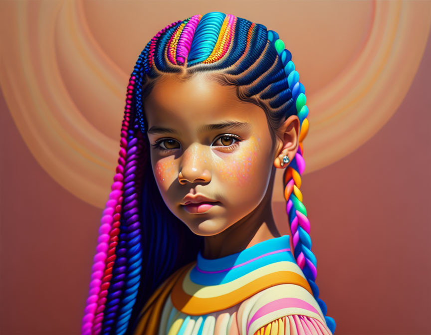 Vibrant digital artwork: Young girl with rainbow braids & striped top